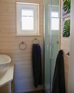 a bathroom with a shower and a sink at Hausboot ELLA- Huus & Meer in Burgstaaken