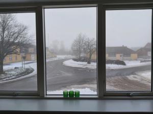 uma janela com vista para uma rua nevada em Døssinghus Holiday Apartments em Kjellerup
