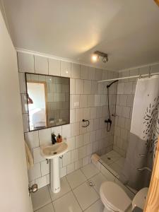 La salle de bains est pourvue d'un lavabo, de toilettes et d'une douche. dans l'établissement Hostal F, à El Quisco