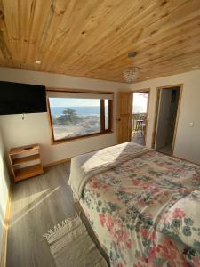 Un dormitorio con una cama grande y una ventana en Hostal F, en El Quisco