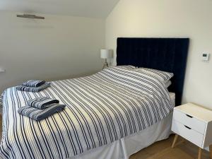 uma cama com uma cabeceira azul e duas toalhas em Immaculate 1-Bed Apartment in Penzance em Penzance