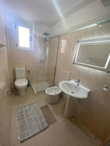 uma casa de banho com um lavatório, um WC e um chuveiro em Cozy Apartment em Tirana