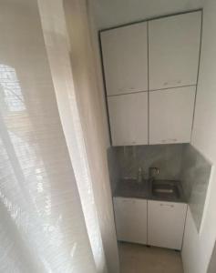 uma pequena cozinha com um lavatório e armários brancos em Cozy Apartment em Tirana