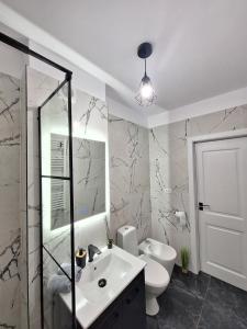 uma casa de banho com um lavatório branco e um WC. em Studio - Cozy Home Slatina em Slatina