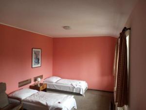 2 Betten in einem Zimmer mit rosa Wänden in der Unterkunft Penzion Prajzko, Hronov in Hronov
