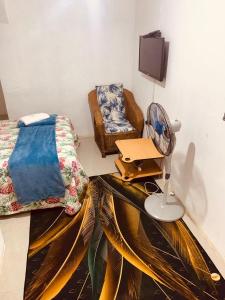 a bedroom with a bed and a chair with a fan at WINZMAR LODGE in Lusaka