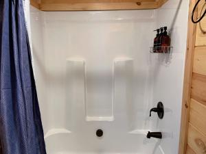 ein Bad mit einer Dusche und einem Waschbecken in der Unterkunft Cozy Bear Mountain Tiny House in Travelers Rest