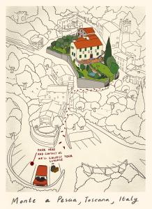 un dessin d'un village avec une maison et un bateau dans l'établissement Villa Castel del Monte, à Pescia
