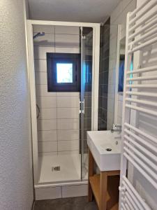 uma casa de banho com um chuveiro e um lavatório. em Le Cantou - cocon chaleureux em Font Romeu Odeillo Via