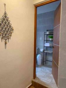 pasillo con baño con aseo y lámpara de araña en Confortable Apartmento, en Guanajuato