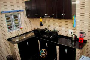 a kitchen with a sink and a counter top at TRILLIONS HOTEL AND APARTMENT in Benin City