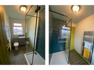 two pictures of a bathroom with a shower at The Whimsy 2 bedroom cottage in National Forest, private parking & garden in Blackfordby