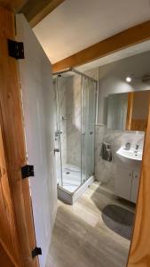 a bathroom with a shower and a sink at Cabañas Flor de Conquil in Villarrica
