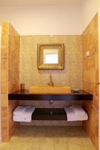 a bathroom with a sink and a mirror and towels at Quinta da Caldeireira in Rosmaninhal