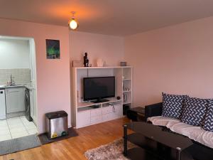 uma sala de estar com um sofá e uma televisão de ecrã plano em Two bed fully furnished apt em Dublin