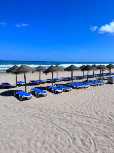a bunch of chairs and umbrellas on a beach at Apartment Cura in Torrevieja