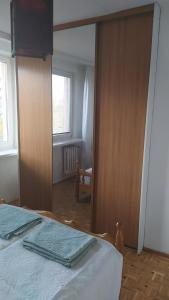 1 dormitorio con cama y puerta con espejo en Uroczy apartament z bezpłatnych parkingiem, en Varsovia