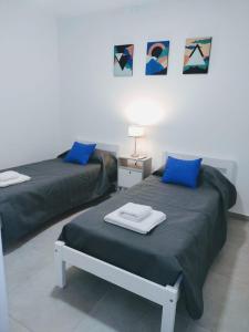 聖拉斐爾的住宿－Alma de Acacia Lodge，两张带蓝色枕头的床