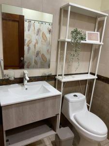 een badkamer met een wit toilet en een wastafel bij Samana Bay in Santa Bárbara de Samaná