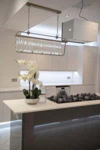 a kitchen with a stove and a vase of flowers at Stylish King Size Room in Modern Renovated House in Catford