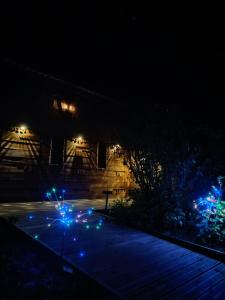 a building at night with blue and green lights at Tente mongole " ô Rêves Atypiques" in Boucé