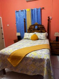 1 dormitorio con 1 cama grande y cortinas azules en Cocklestop Inn, Jamaica, en Pond Side