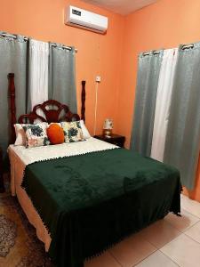 Schlafzimmer mit einem Bett mit grüner Bettwäsche und Vorhängen in der Unterkunft Cocklestop Inn, Jamaica in Pond Side