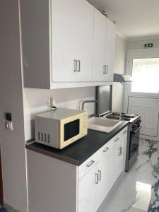 a white kitchen with a microwave and a sink at FRUIT Echo Villa in Avliótai