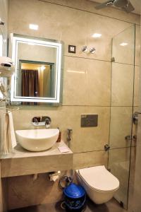 a bathroom with a sink and a toilet and a mirror at Anirudh Homestay in Agra +35 photos
