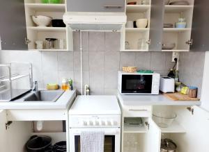 a white kitchen with a sink and a microwave at F2 Lumineux avec vue- Puy-de-Dôme à 10 min - Parking gratuit in Royat