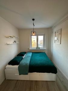 ein Schlafzimmer mit einem Bett mit grüner Bettwäsche und einem Fenster in der Unterkunft Lovely 2-bedroom apartment with balcony (near center) in Maastricht
