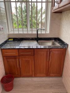 a kitchen with a sink and a window at Luckysmallie_villa in Luisi