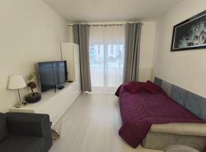 sala de estar con cama y TV en Apartament Wierzyca, en Pelplin
