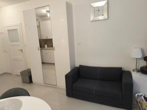 a living room with a black couch and a mirror at Apartament Wierzyca Pelplin in Pelplin +25 photos