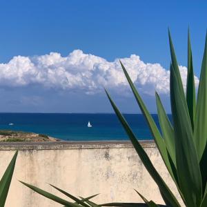 una vista sull'oceano e una barca a vela di LuGa Apartments a Campomarino