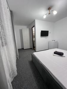 ein Schlafzimmer mit einem Bett und einem TV an der Wand in der Unterkunft Casa TIBI și Nico in Eforie Nord