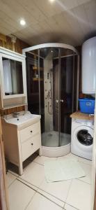 a bathroom with a shower and a washing machine at La cabane du Truquet in Lège-Cap-Ferret