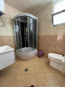 a bathroom with a shower and a toilet at Filimon Guest House in Addis Ababa