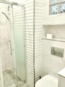a shower with a glass door in a bathroom at Soho Boho Apartments - with sunny rooftop terrace and fiber optic internet in Alicante