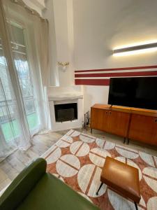 a living room with a flat screen tv and a fireplace at BORGO TICINO SUITE Appartamento di Lusso Park Privato in Pavia