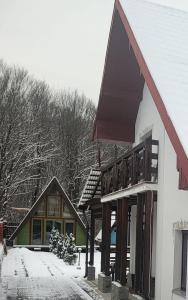 una casa con nieve en el suelo delante de ella en Cabana Vânătorilor A Frame Green, en Văliug