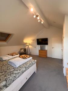 1 Schlafzimmer mit 2 Betten und einem Flachbild-TV in der Unterkunft Großes & Modernes Ferienhaus 2 Minuten von Meersburg Innenstadt in Meersburg