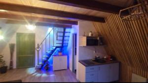 - une cuisine avec un escalier en colimaçon dans une pièce dans l'établissement Cabana Vânătorilor A Frame Green, à Văliug
