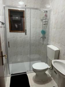a bathroom with a shower and a toilet and a sink at Alojamento, Chelas Rural AL in Mirandela