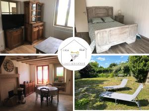 eine Collage mit Bildern eines Schlafzimmers mit einem Bett und einem Tisch in der Unterkunft Maison de village cosy avec jardin 