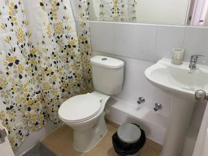 a white bathroom with a toilet and a sink at Departamento Full nuevo Curico in Curicó