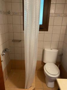 a bathroom with a toilet with a shower curtain at Κτήμα Κουρλή in Tavari