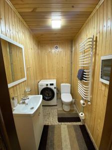 uma casa de banho com um WC, um lavatório e uma máquina de lavar roupa em На Закуті em Mykulychyn