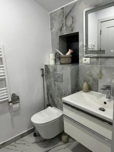 a white bathroom with a toilet and a sink at Gold Tag Apartament in Timişoara