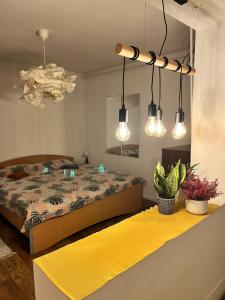 ein Schlafzimmer mit einem Bett und einem gelben Teppich in der Unterkunft Nirvana Petrovaradin fortress View Liman Apartment in Novi Sad